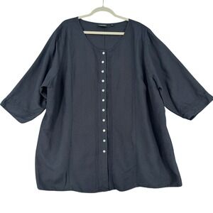 Avenue Women's Black Linen Blend Button‎ Front 3/4 Sleeve Tunic Top Plus 30/32